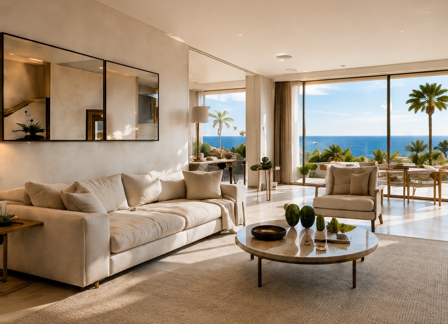 Elegant coastal living room with sea view